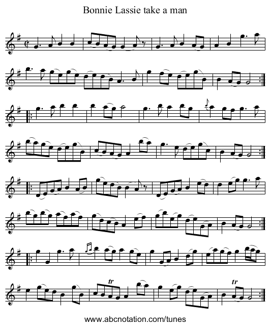 Bonnie Lassie take a man - staff notation