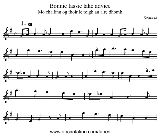 Bonnie lassie take advice - staff notation