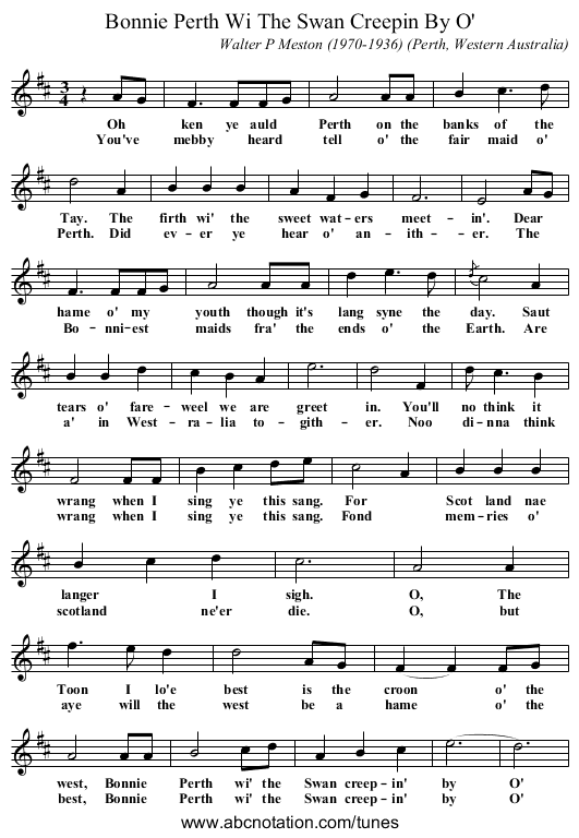 Bonnie Perth Wi The Swan Creepin By O' - staff notation