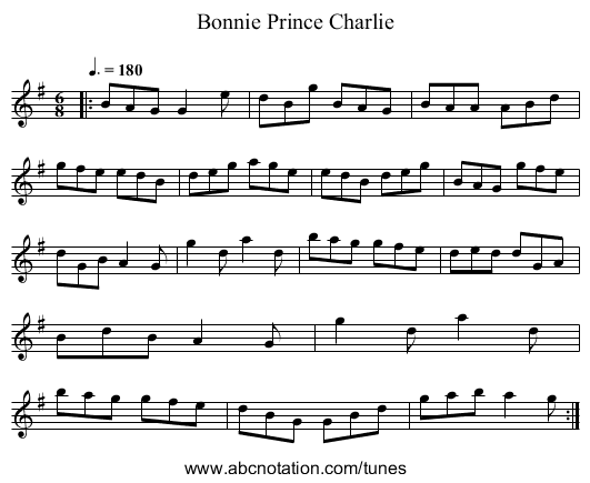 Bonnie Prince Charlie - staff notation