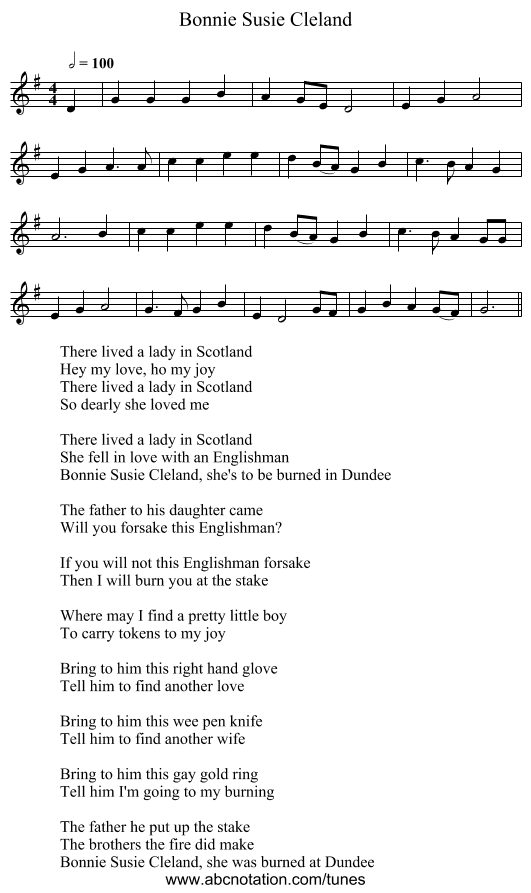 Bonnie Susie Cleland - staff notation