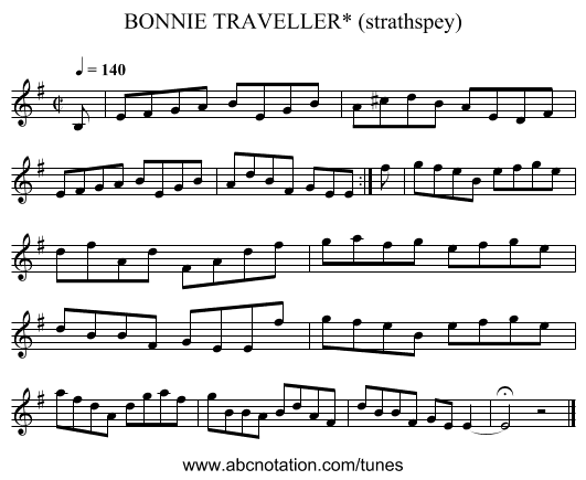 BONNIE TRAVELLER* (strathspey) - staff notation