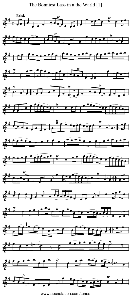 Bonniest Lass in a the Warld [1], The - staff notation