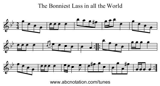 Bonniest Lass in all the World, The - staff notation