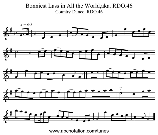 Bonniest Lass in All the World,aka. RDO.46 - staff notation
