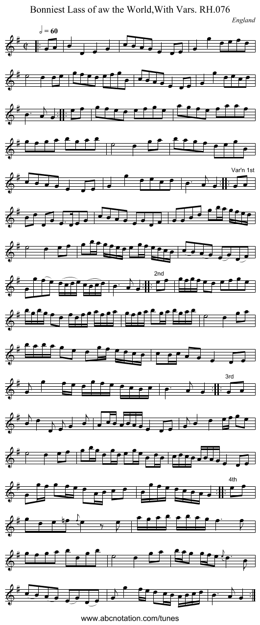 Bonniest Lass of aw the World,With Vars. RH.076 - staff notation