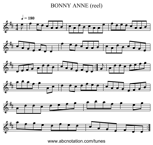 BONNY ANNE (reel) - staff notation