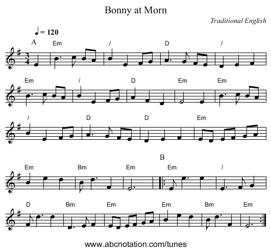 Bonny at Morn - staff notation
