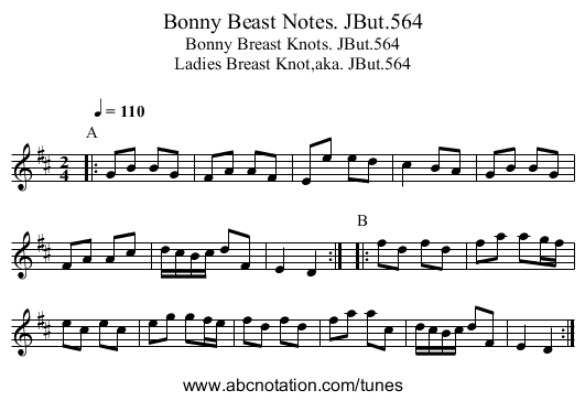 Bonny Beast Notes. JBut.564 - staff notation