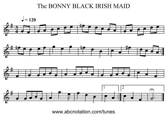 BONNY BLACK IRISH MAID, The - staff notation