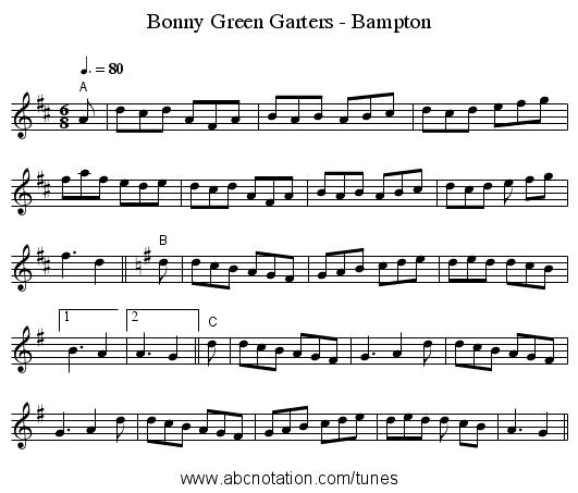 Bonny Green Garters - Bampton - staff notation