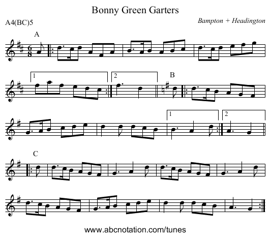 Bonny Green Garters - staff notation