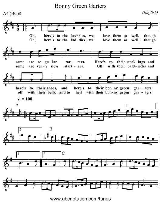 Bonny Green Garters - staff notation
