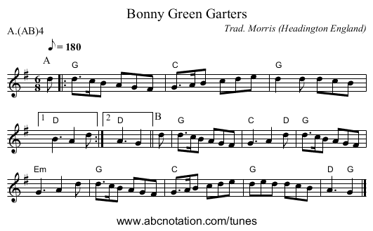 Bonny Green Garters - staff notation