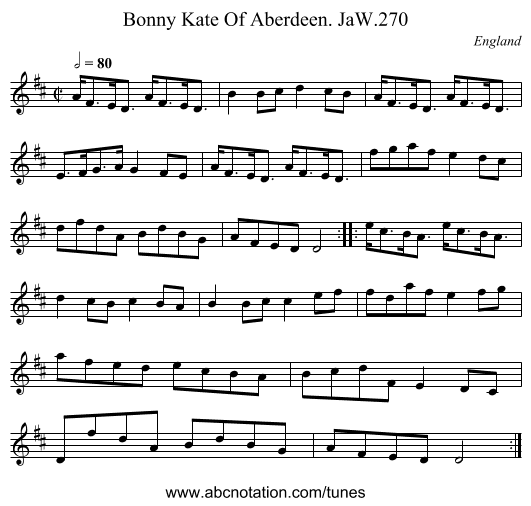 Bonny Kate Of Aberdeen. JaW.270 - staff notation