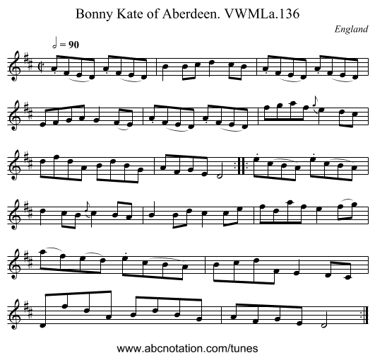 Bonny Kate of Aberdeen. VWMLa.136 - staff notation