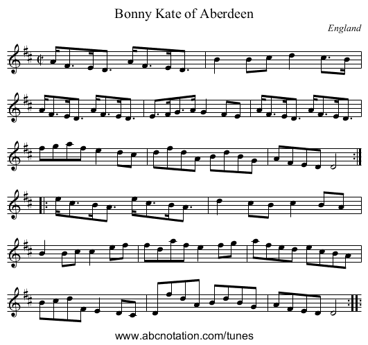 Bonny Kate of Aberdeen - staff notation
