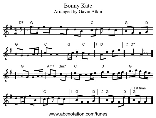 Bonny Kate - staff notation
