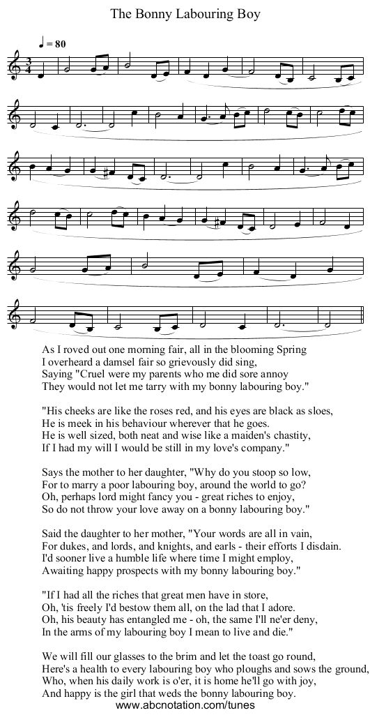 Bonny Labouring Boy, The - staff notation