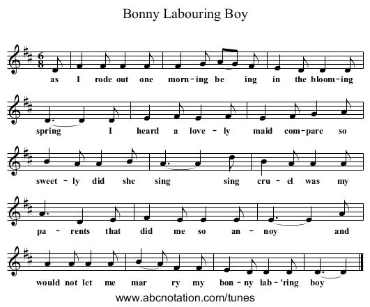 Bonny Labouring Boy - staff notation