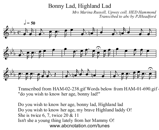 Bonny Lad, Highland Lad - staff notation
