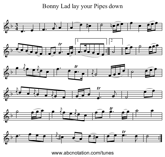 Bonny Lad lay your Pipes down - staff notation