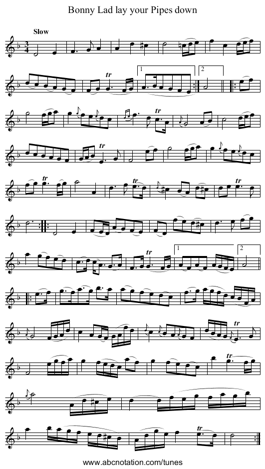 Bonny Lad lay your Pipes down - staff notation