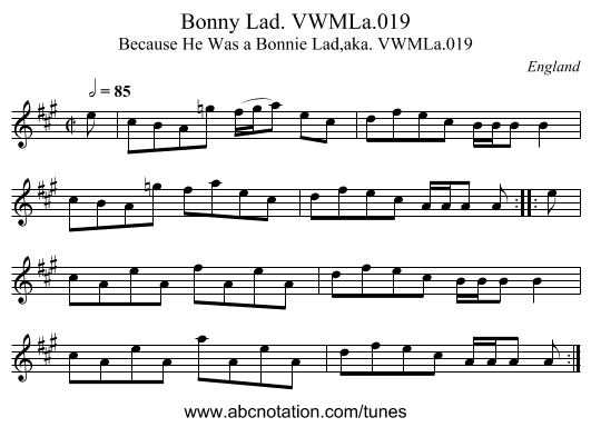 Bonny Lad. VWMLa.019 - staff notation