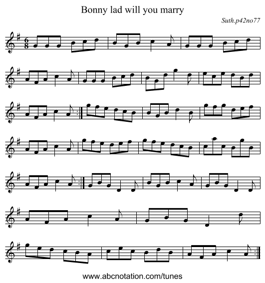 Bonny lad will you marry - staff notation