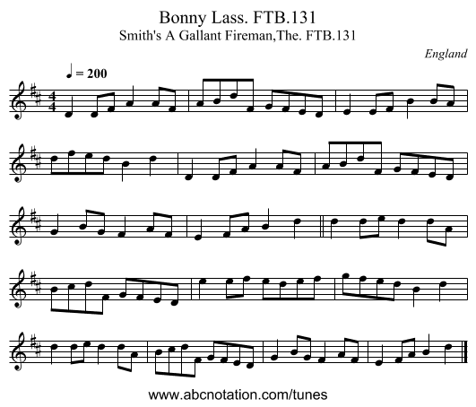 Bonny Lass. FTB.131 - staff notation