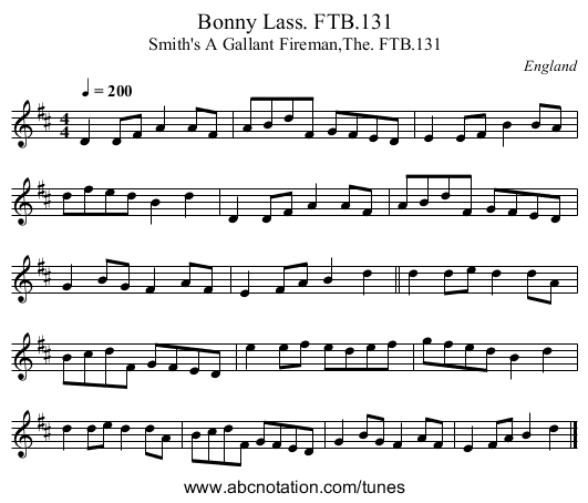 Bonny Lass. FTB.131 - staff notation