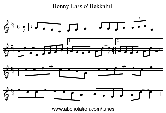 Bonny Lass o' Bekkahill - staff notation