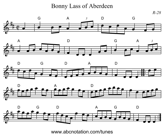 Bonny Lass of Aberdeen - staff notation