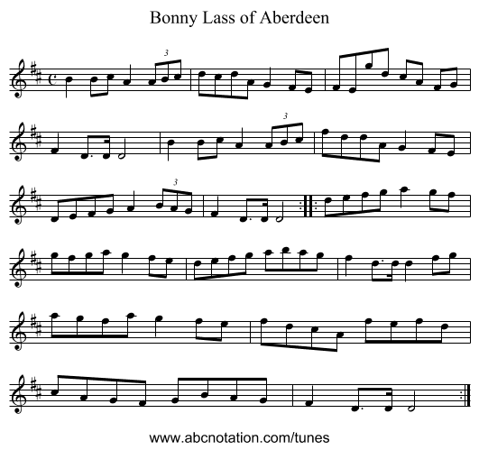 Bonny Lass of Aberdeen - staff notation