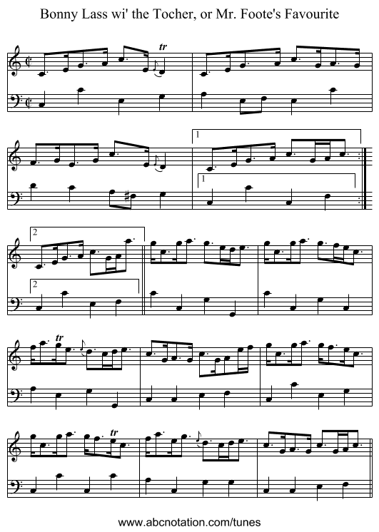 Bonny Lass wi' the Tocher, or Mr. Foote's Favourite - staff notation