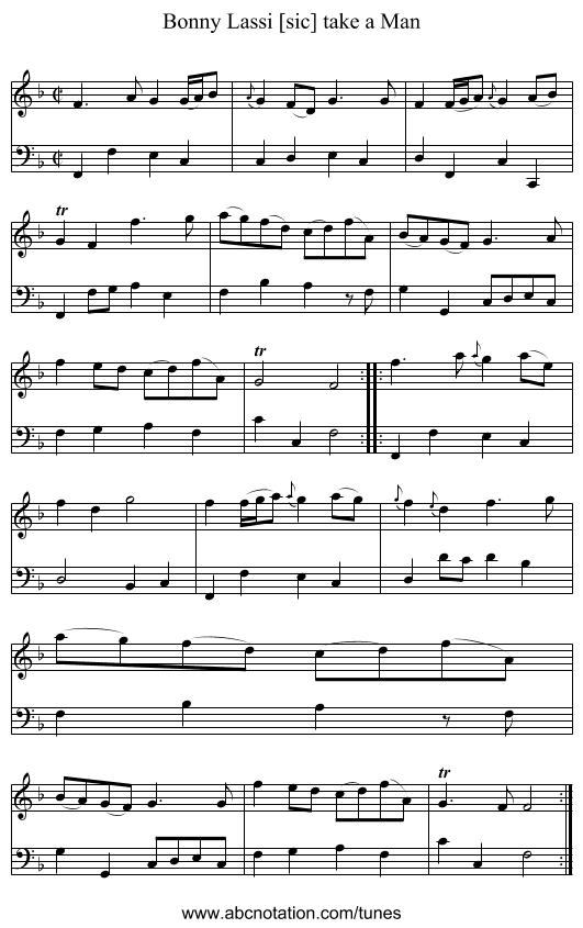 Bonny Lassi [sic] take a Man - staff notation