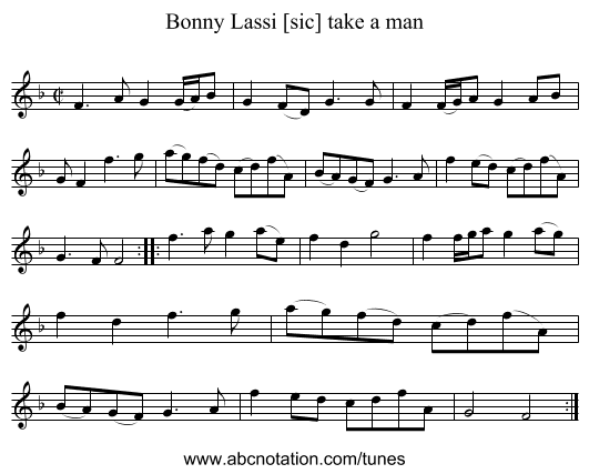 Bonny Lassi [sic] take a man - staff notation