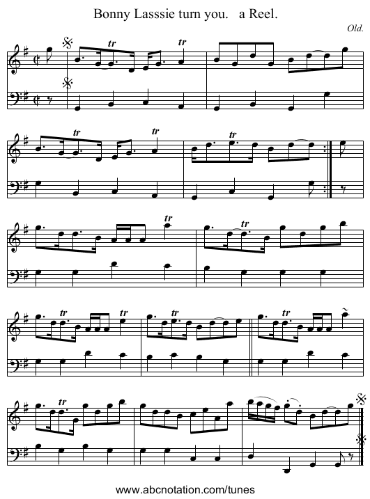 Bonny Lasssie turn you.   a Reel. - staff notation