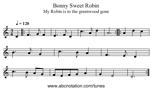 Bonny Sweet Robin - staff notation
