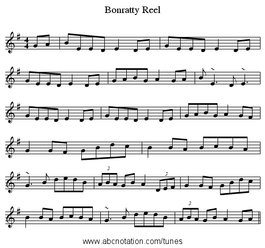 Bonratty Reel - staff notation