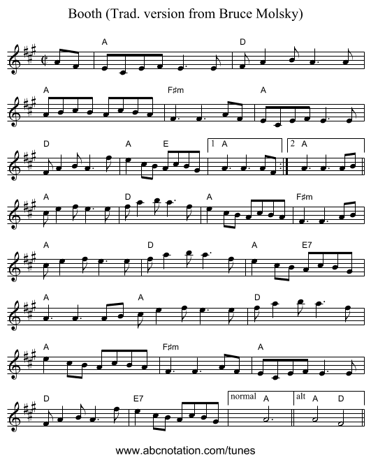 Booth (Trad. version from Bruce Molsky) - staff notation