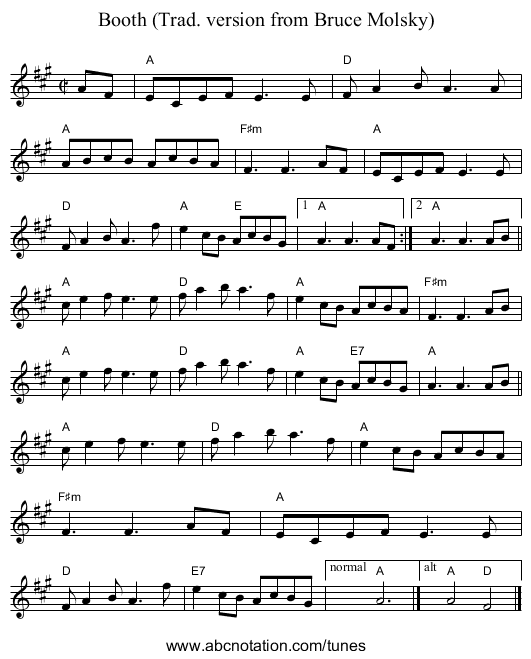 Booth (Trad. version from Bruce Molsky) - staff notation