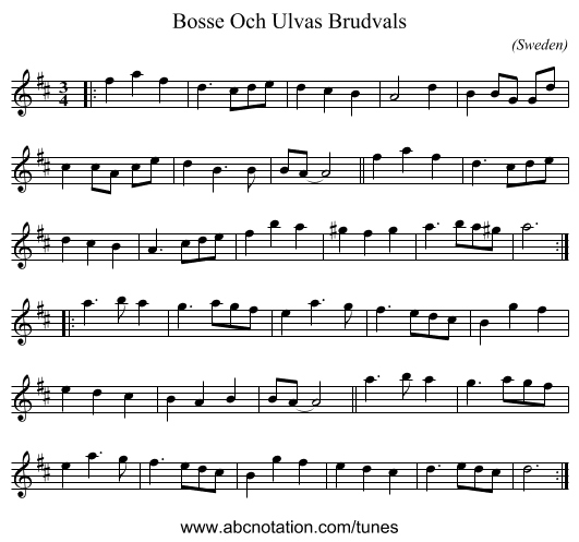 Bosse Och Ulvas Brudvals - staff notation