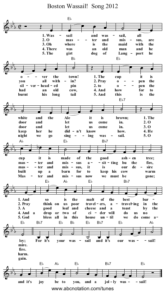 Boston Wassail!  Song 2012 - staff notation