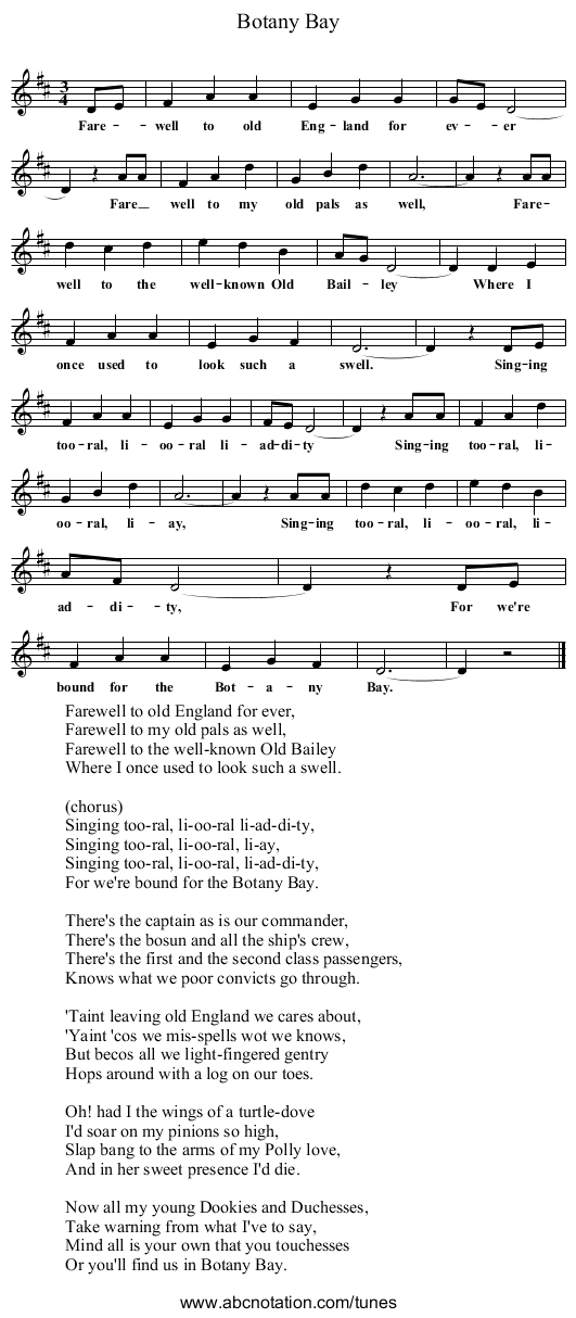 Botany Bay - staff notation