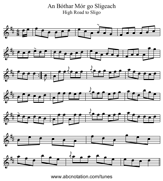 Bóthar Mór go Sligeach, An - staff notation