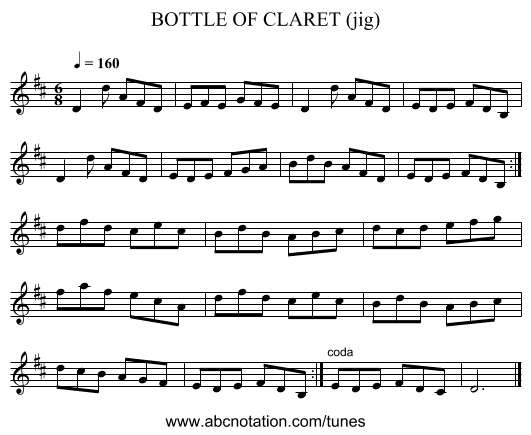 BOTTLE OF CLARET (jig) - staff notation
