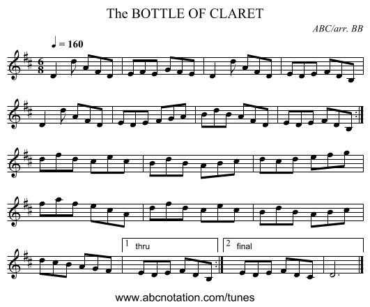 BOTTLE OF CLARET, The - staff notation