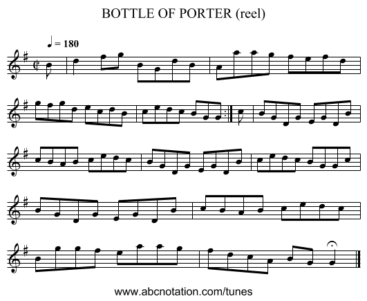 BOTTLE OF PORTER (reel) - staff notation