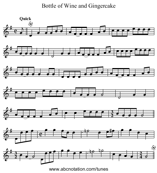 Bottle of Wine and Gingercake - staff notation